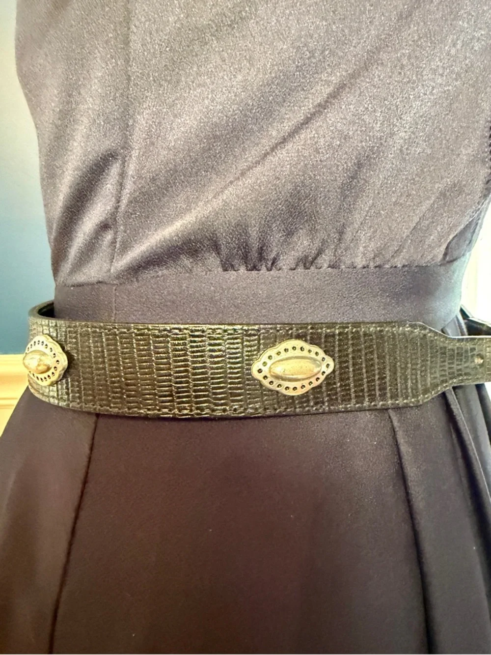 Talbots Black Textured Leather Belt with Silver-Tone Buckle and Conchos - Picture 3 of 16